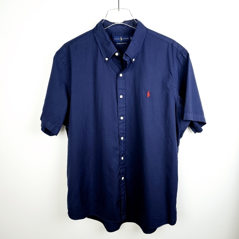Ralph Lauren Navy Blue Short Sleeve Feather Weight Twill Button Front Shirt XL